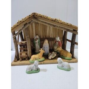 Vintage Sears Nativity Set Of *9* Figures Wood Manger Creche With Box